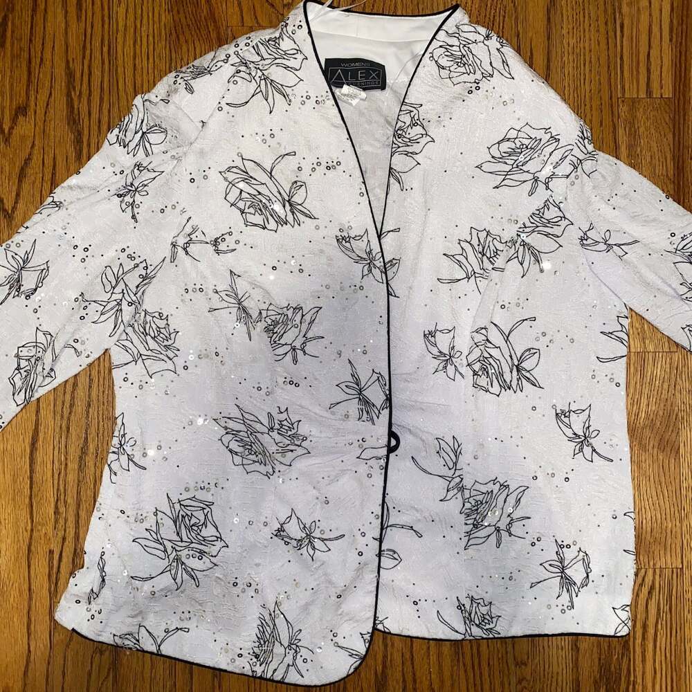 Alex Evenings Womens 1X White Black Floral Sequin 3/4 Sleeve Jacket